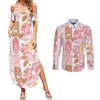 Christmas Aloha Hawaii Tiki Couples Matching Summer Maxi Dress and Long Sleeve Button Shirt Hibiscus Spring Colors LT7 Pink - Polynesian Pride