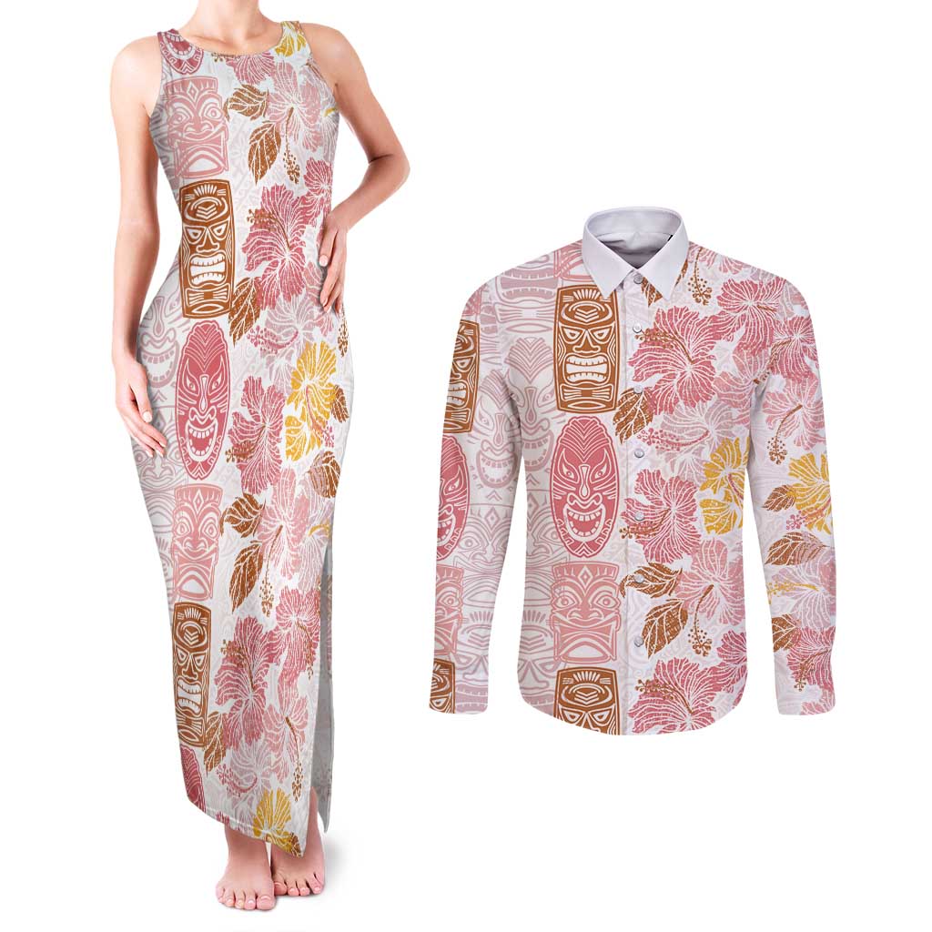 Christmas Aloha Hawaii Tiki Couples Matching Tank Maxi Dress and Long Sleeve Button Shirt Hibiscus Spring Colors LT7 Pink - Polynesian Pride