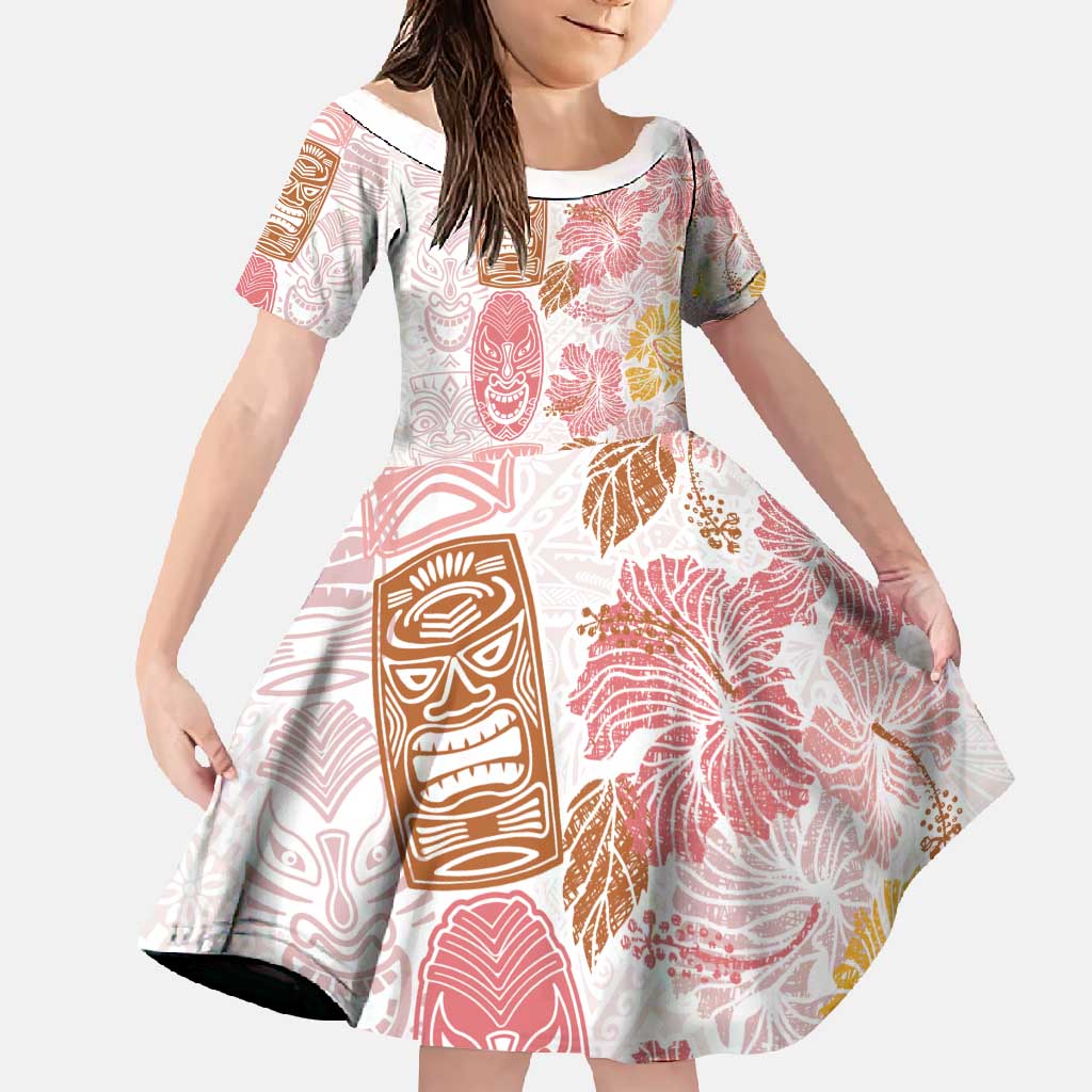 Christmas Aloha Hawaii Tiki Family Matching Long Sleeve Bodycon Dress and Hawaiian Shirt Hibiscus Spring Colors LT7 Daughter's Dress Pink - Polynesian Pride