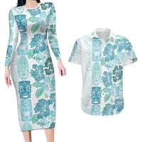 Christmas Aloha Hawaii Tiki Couples Matching Long Sleeve Bodycon Dress and Hawaiian Shirt Hibiscus Summer Colors LT7 Turquoise - Polynesian Pride