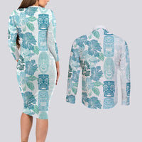 Christmas Aloha Hawaii Tiki Couples Matching Long Sleeve Bodycon Dress and Long Sleeve Button Shirt Hibiscus Summer Colors LT7 - Polynesian Pride