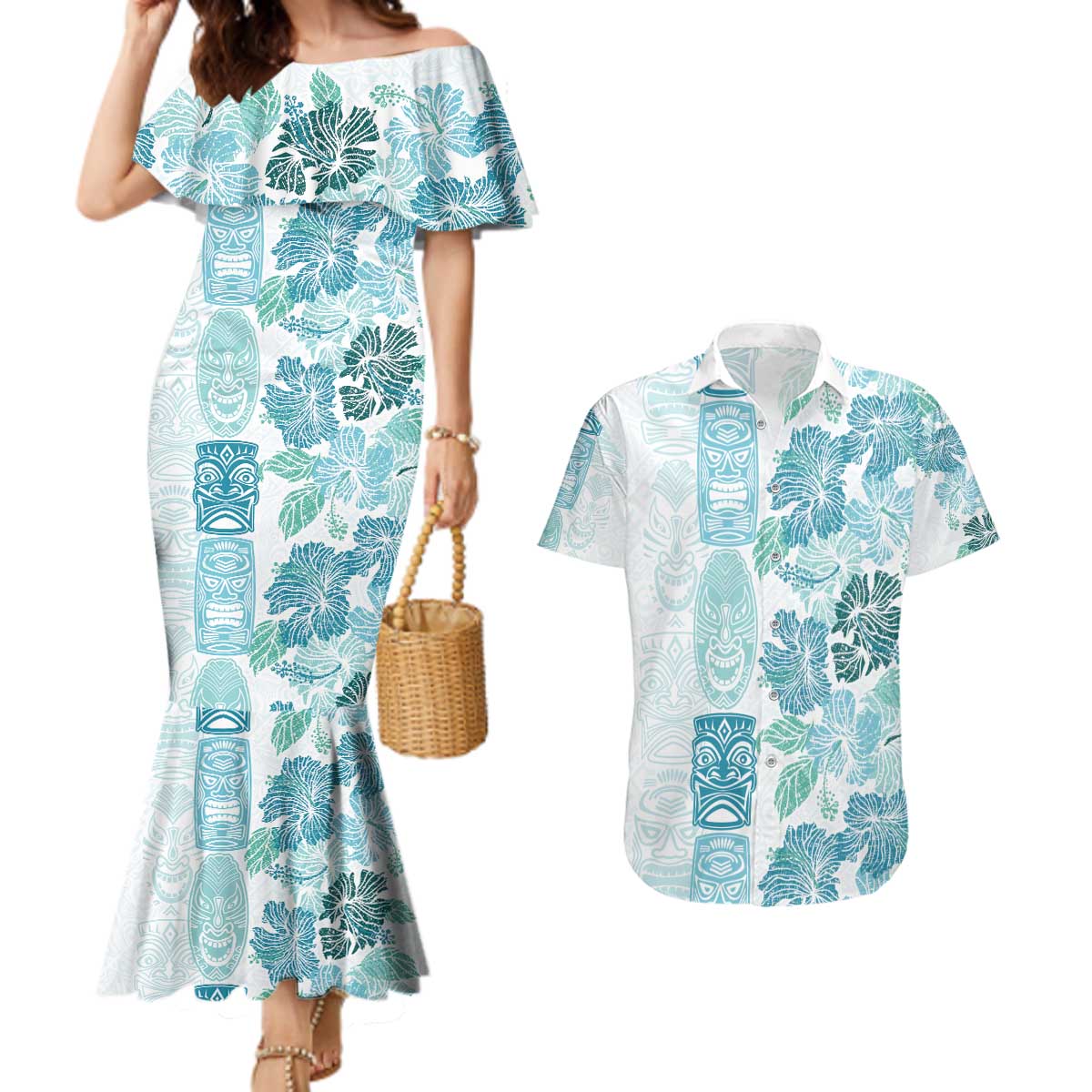 Christmas Aloha Hawaii Tiki Couples Matching Mermaid Dress and Hawaiian Shirt Hibiscus Summer Colors LT7 Turquoise - Polynesian Pride