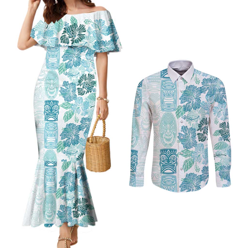 Christmas Aloha Hawaii Tiki Couples Matching Mermaid Dress and Long Sleeve Button Shirt Hibiscus Summer Colors LT7 Turquoise - Polynesian Pride