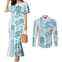 Christmas Aloha Hawaii Tiki Couples Matching Mermaid Dress and Long Sleeve Button Shirt Hibiscus Summer Colors LT7 Turquoise - Polynesian Pride