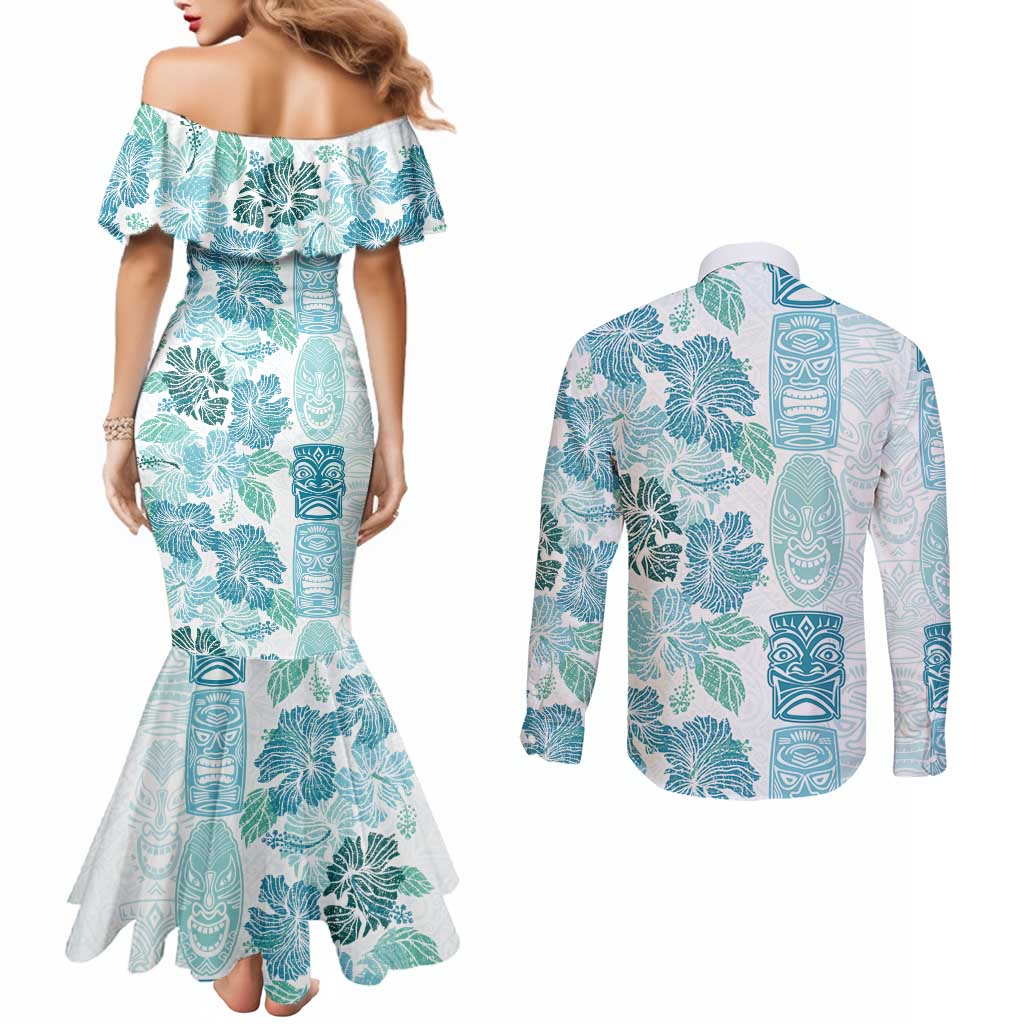 Christmas Aloha Hawaii Tiki Couples Matching Mermaid Dress and Long Sleeve Button Shirt Hibiscus Summer Colors LT7 - Polynesian Pride