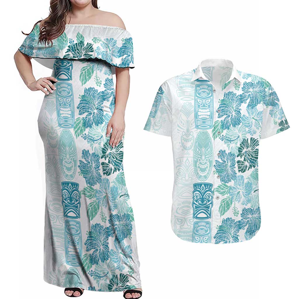 Christmas Aloha Hawaii Tiki Couples Matching Off Shoulder Maxi Dress and Hawaiian Shirt Hibiscus Summer Colors LT7 Turquoise - Polynesian Pride