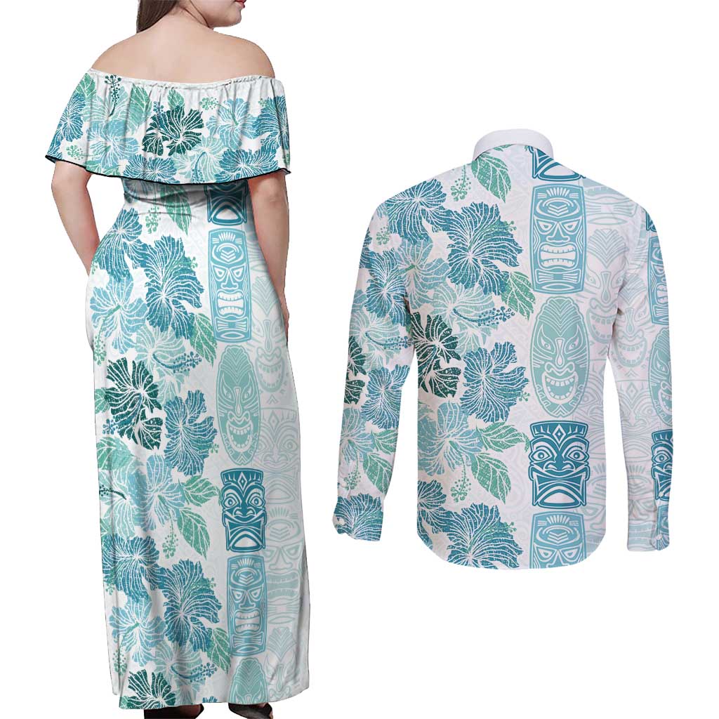 Christmas Aloha Hawaii Tiki Couples Matching Off Shoulder Maxi Dress and Long Sleeve Button Shirt Hibiscus Summer Colors LT7 - Polynesian Pride