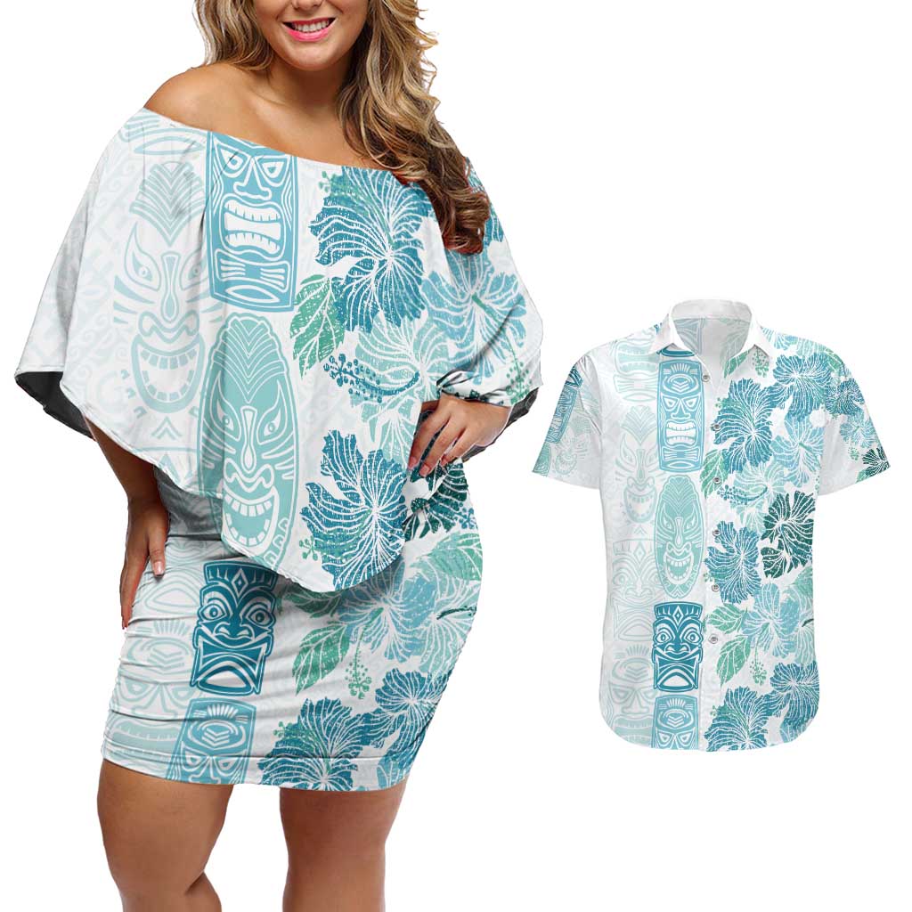 Christmas Aloha Hawaii Tiki Couples Matching Off Shoulder Short Dress and Hawaiian Shirt Hibiscus Summer Colors LT7 Turquoise - Polynesian Pride
