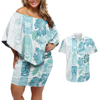 Christmas Aloha Hawaii Tiki Couples Matching Off Shoulder Short Dress and Hawaiian Shirt Hibiscus Summer Colors LT7 Turquoise - Polynesian Pride