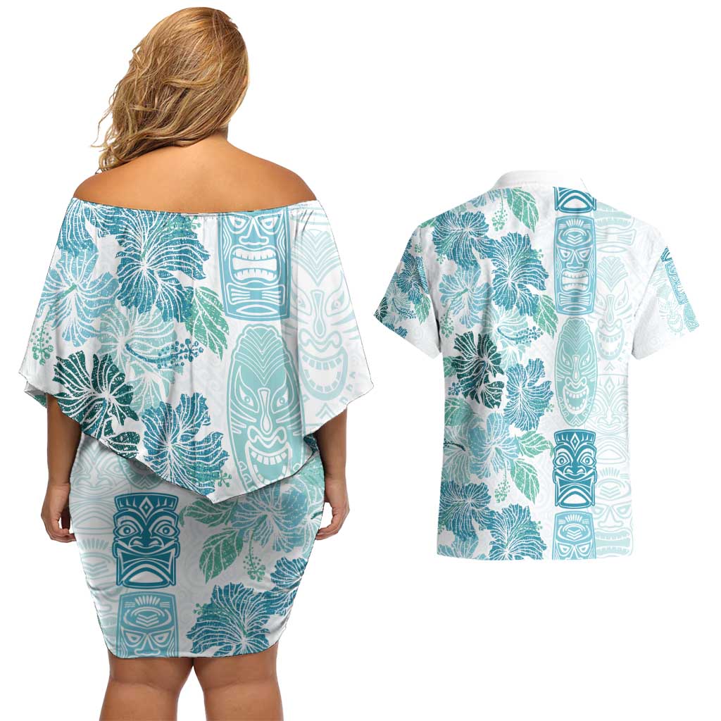 Christmas Aloha Hawaii Tiki Couples Matching Off Shoulder Short Dress and Hawaiian Shirt Hibiscus Summer Colors LT7 - Polynesian Pride