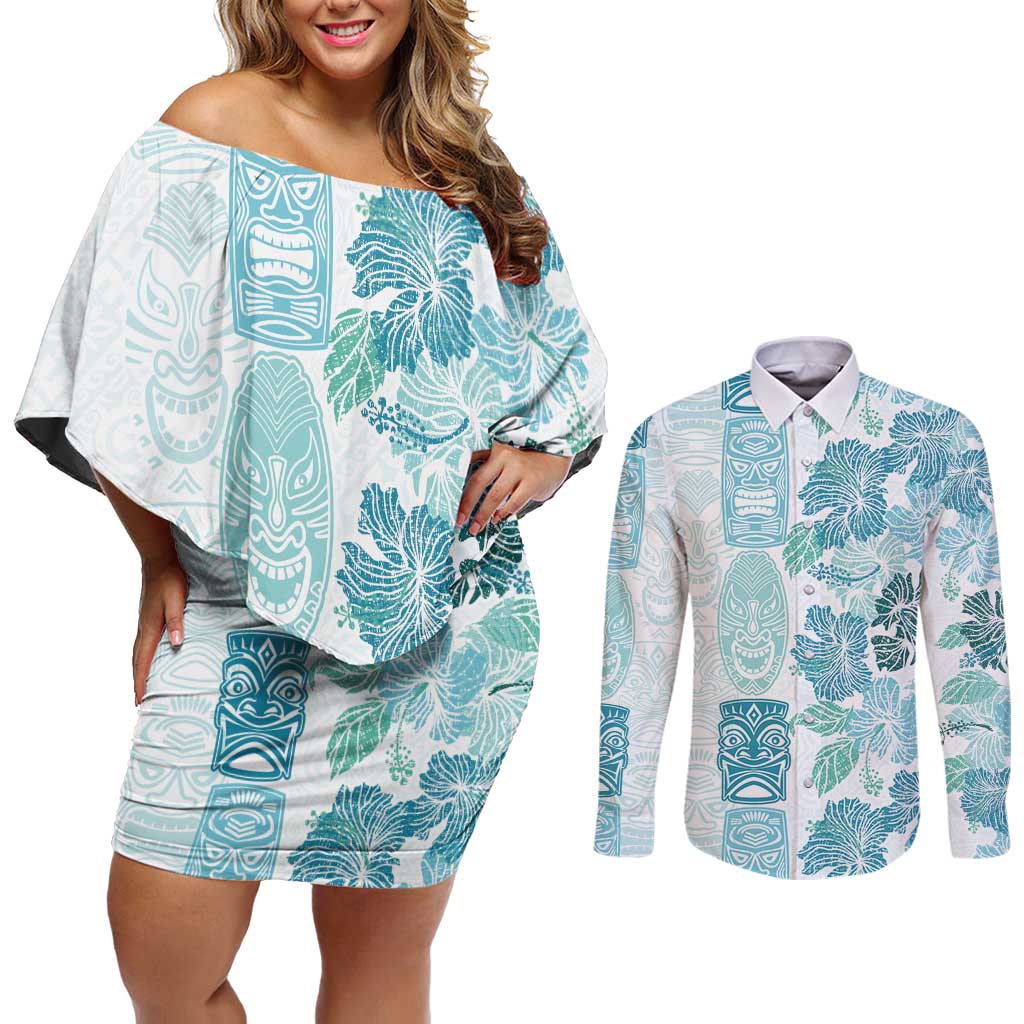 Christmas Aloha Hawaii Tiki Couples Matching Off Shoulder Short Dress and Long Sleeve Button Shirt Hibiscus Summer Colors LT7 Turquoise - Polynesian Pride