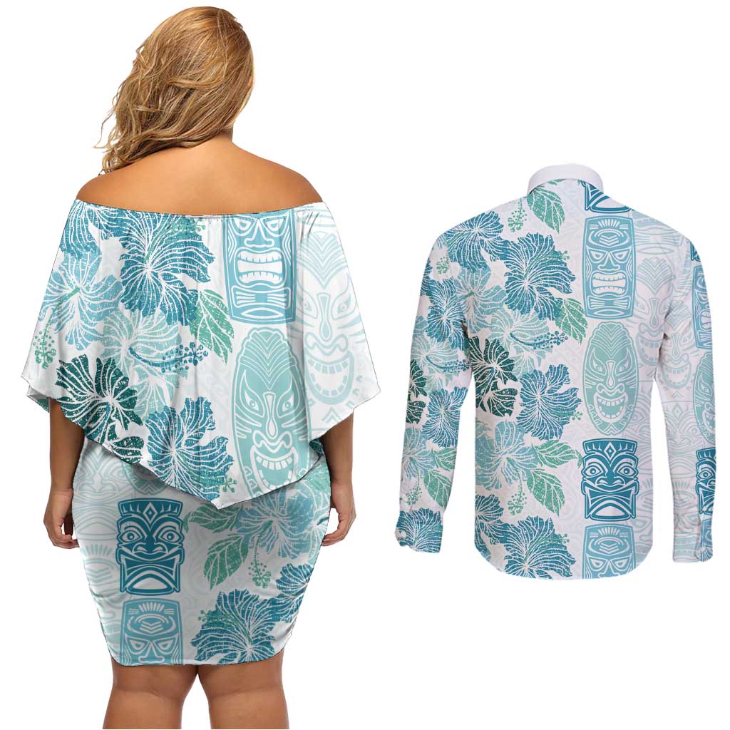 Christmas Aloha Hawaii Tiki Couples Matching Off Shoulder Short Dress and Long Sleeve Button Shirt Hibiscus Summer Colors LT7 - Polynesian Pride