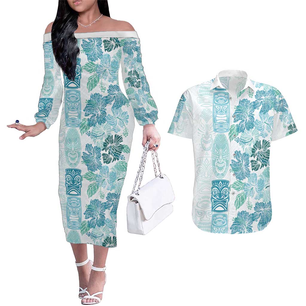 Christmas Aloha Hawaii Tiki Couples Matching Off The Shoulder Long Sleeve Dress and Hawaiian Shirt Hibiscus Summer Colors LT7 Turquoise - Polynesian Pride