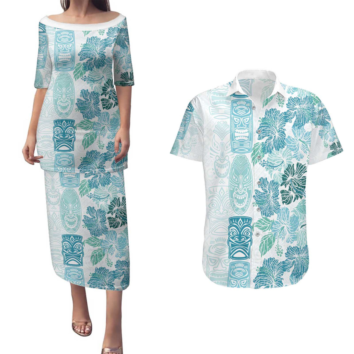 Christmas Aloha Hawaii Tiki Couples Matching Puletasi and Hawaiian Shirt Hibiscus Summer Colors LT7 Turquoise - Polynesian Pride
