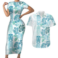 Christmas Aloha Hawaii Tiki Couples Matching Short Sleeve Bodycon Dress and Hawaiian Shirt Hibiscus Summer Colors LT7 Turquoise - Polynesian Pride