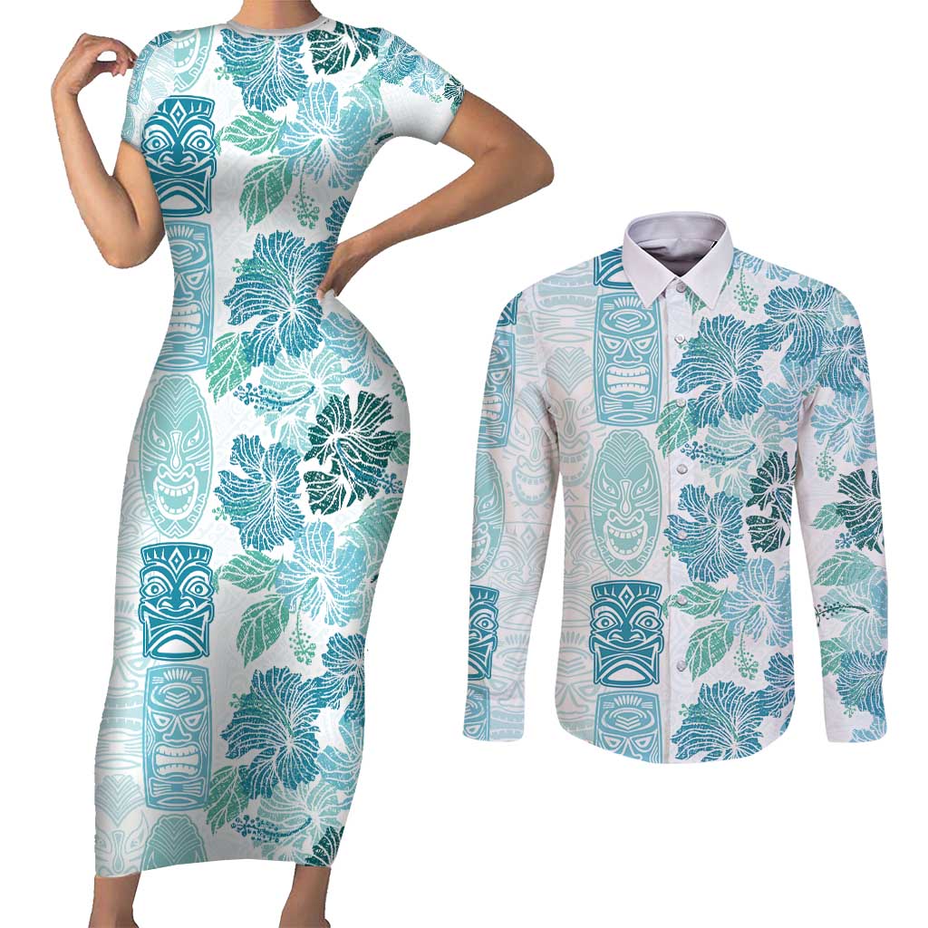 Christmas Aloha Hawaii Tiki Couples Matching Short Sleeve Bodycon Dress and Long Sleeve Button Shirt Hibiscus Summer Colors LT7 Turquoise - Polynesian Pride