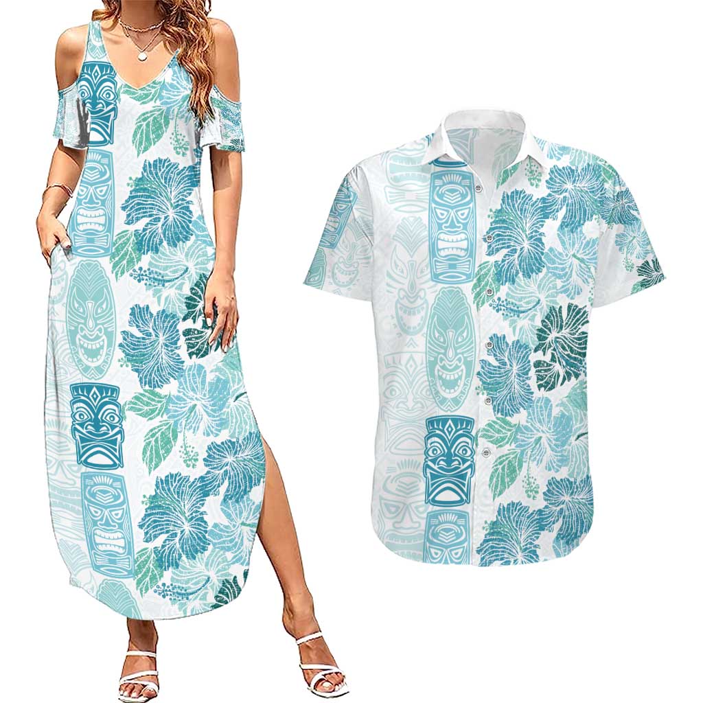 Christmas Aloha Hawaii Tiki Couples Matching Summer Maxi Dress and Hawaiian Shirt Hibiscus Summer Colors LT7 Turquoise - Polynesian Pride