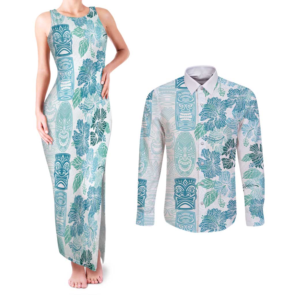 Christmas Aloha Hawaii Tiki Couples Matching Tank Maxi Dress and Long Sleeve Button Shirt Hibiscus Summer Colors LT7 Turquoise - Polynesian Pride