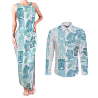 Christmas Aloha Hawaii Tiki Couples Matching Tank Maxi Dress and Long Sleeve Button Shirt Hibiscus Summer Colors LT7 Turquoise - Polynesian Pride