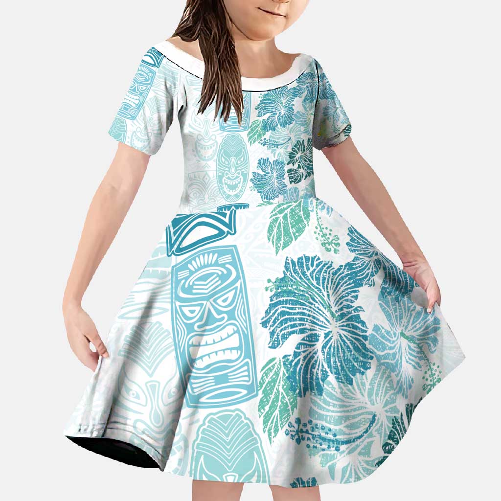 Christmas Aloha Hawaii Tiki Family Matching Long Sleeve Bodycon Dress and Hawaiian Shirt Hibiscus Summer Colors LT7 Daughter's Dress Turquoise - Polynesian Pride
