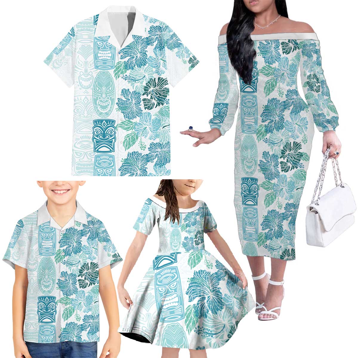 Christmas Aloha Hawaii Tiki Family Matching Off The Shoulder Long Sleeve Dress and Hawaiian Shirt Hibiscus Summer Colors LT7 - Polynesian Pride