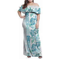 Christmas Aloha Hawaii Tiki Family Matching Off Shoulder Maxi Dress and Hawaiian Shirt Hibiscus Summer Colors LT7 Mom's Dress Turquoise - Polynesian Pride