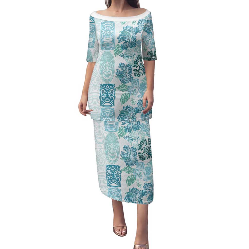 Christmas Aloha Hawaii Tiki Family Matching Puletasi and Hawaiian Shirt Hibiscus Summer Colors LT7 Mom's Dress Turquoise - Polynesian Pride