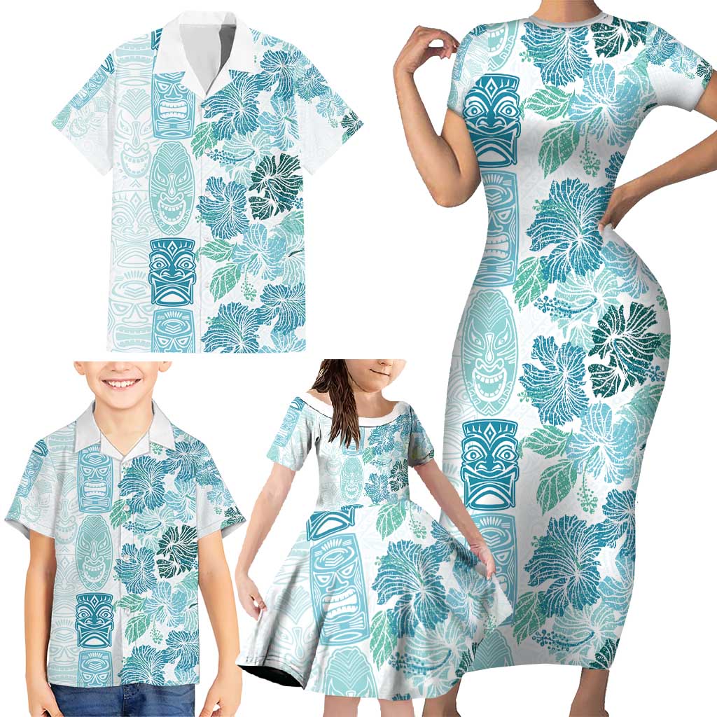 Christmas Aloha Hawaii Tiki Family Matching Short Sleeve Bodycon Dress and Hawaiian Shirt Hibiscus Summer Colors LT7 - Polynesian Pride