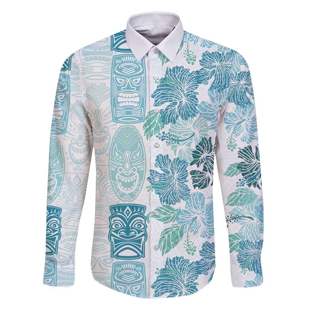 Christmas Aloha Hawaii Tiki Family Matching Tank Maxi Dress and Hawaiian Shirt Hibiscus Summer Colors LT7 Dad's Shirt - Long Sleeve Turquoise - Polynesian Pride