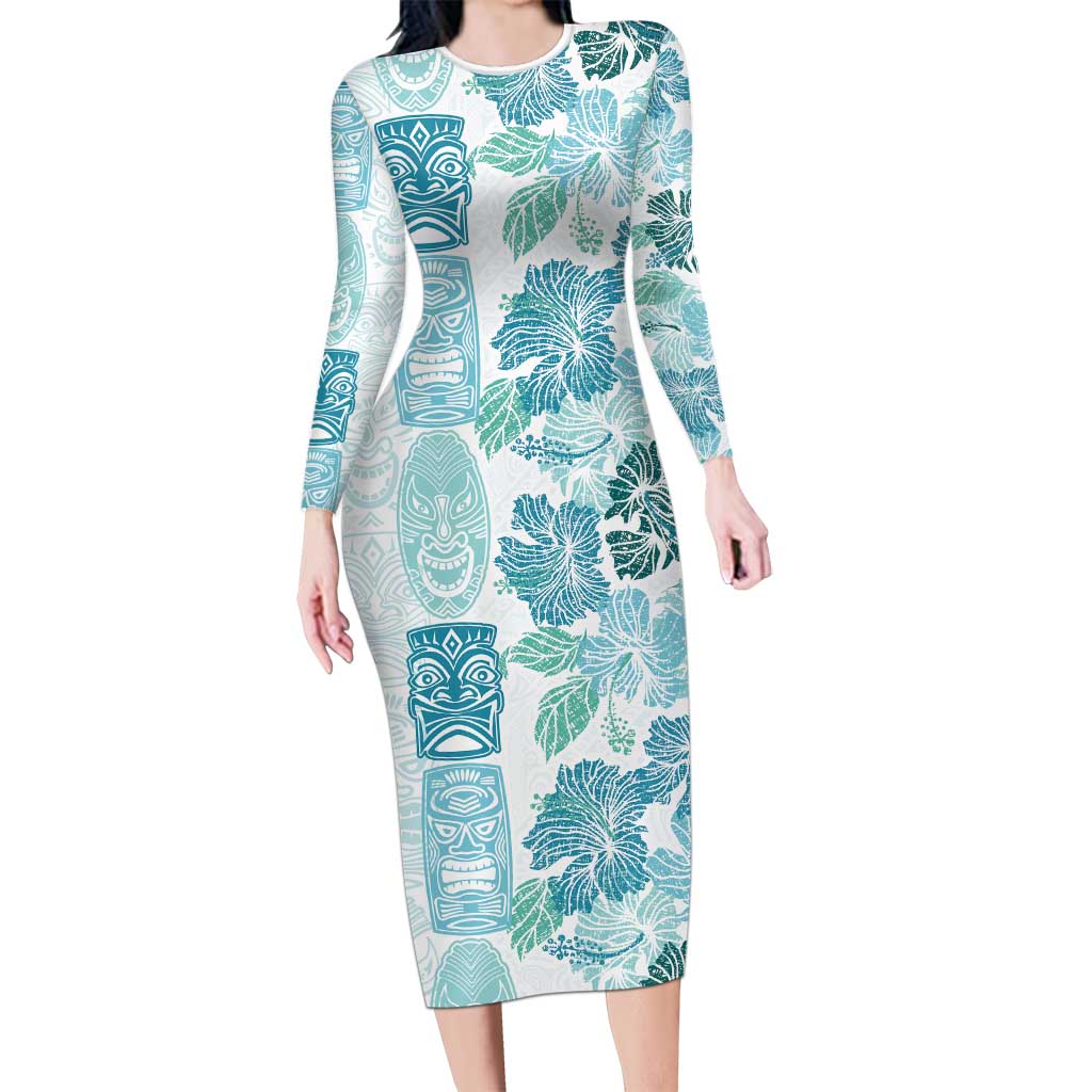 Christmas Aloha Hawaii Tiki Long Sleeve Bodycon Dress Hibiscus Summer Colors LT7 Long Dress Turquoise - Polynesian Pride