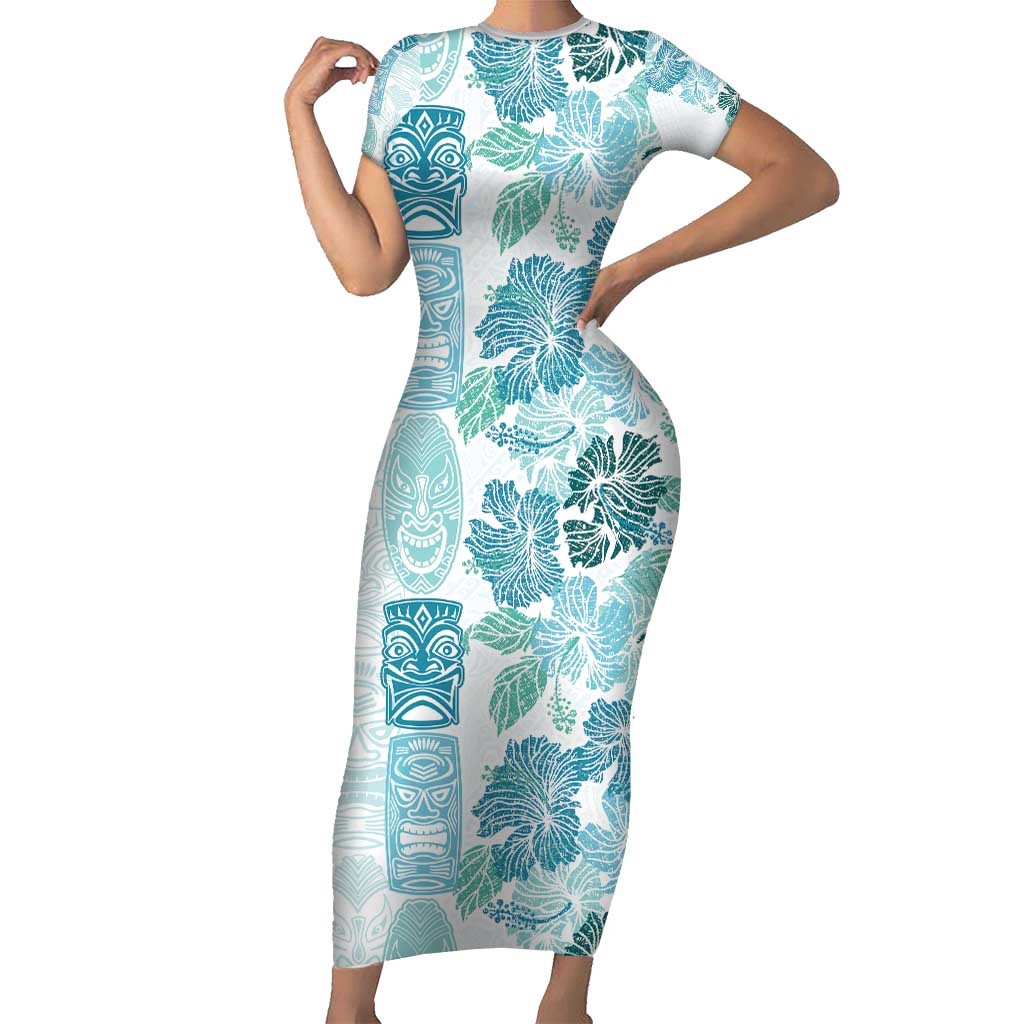 Christmas Aloha Hawaii Tiki Short Sleeve Bodycon Dress Hibiscus Summer Colors LT7 Long Dress Turquoise - Polynesian Pride