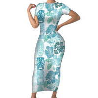 Christmas Aloha Hawaii Tiki Short Sleeve Bodycon Dress Hibiscus Summer Colors LT7 Long Dress Turquoise - Polynesian Pride