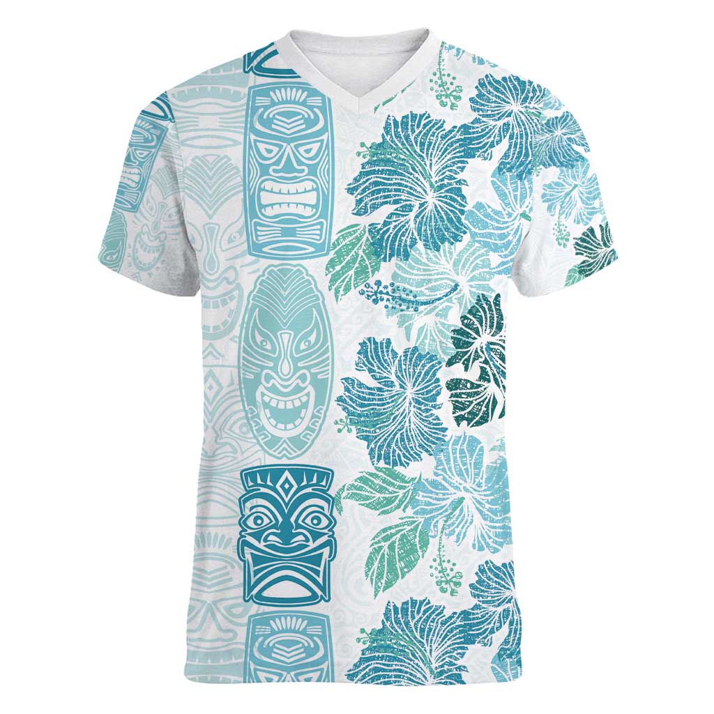 Christmas Aloha Hawaii Tiki Women V-Neck T-Shirt Hibiscus Summer Colors LT7 Female Turquoise - Polynesian Pride