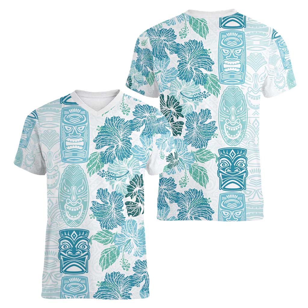 Christmas Aloha Hawaii Tiki Women V-Neck T-Shirt Hibiscus Summer Colors LT7 - Polynesian Pride