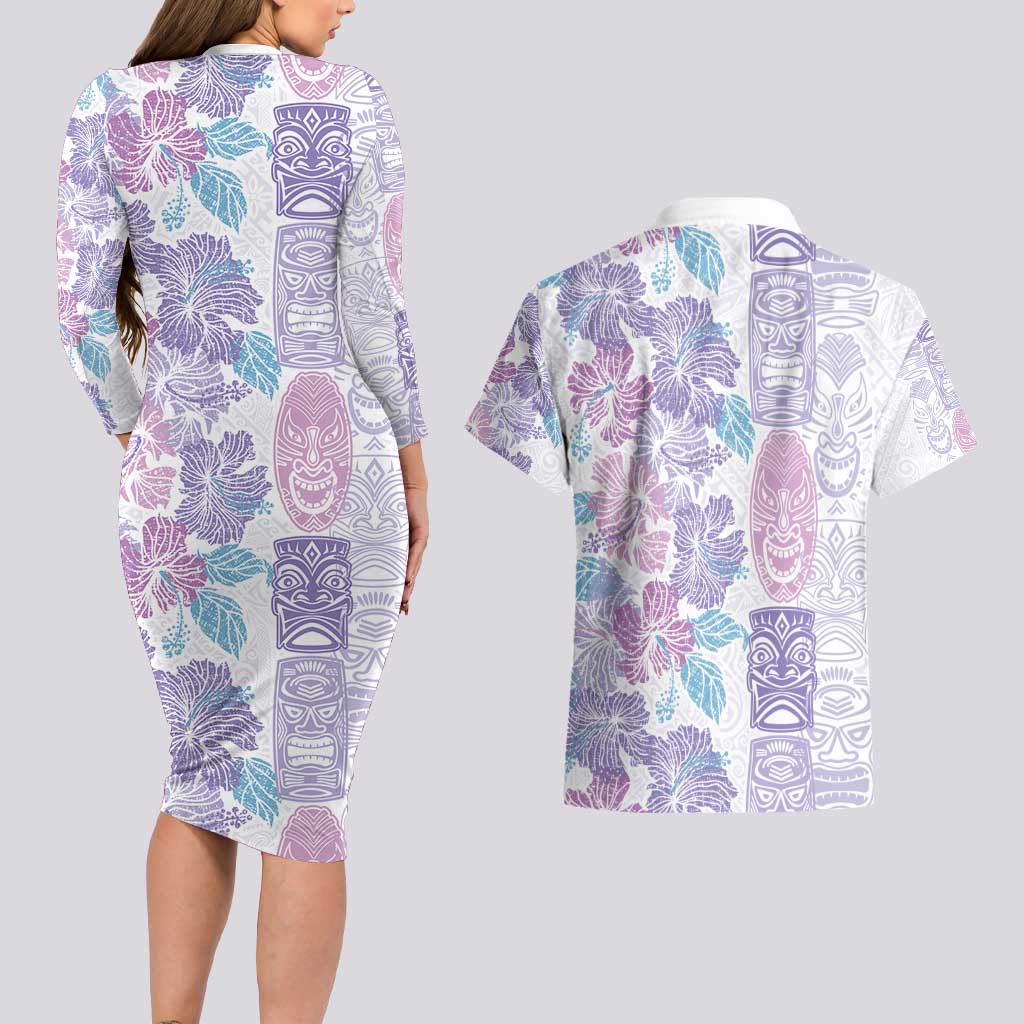 Christmas Aloha Hawaii Tiki Couples Matching Long Sleeve Bodycon Dress and Hawaiian Shirt Hibiscus Winter Colors LT7 - Polynesian Pride