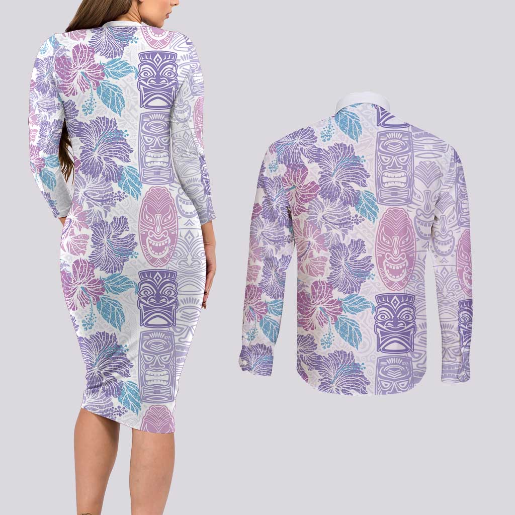 Christmas Aloha Hawaii Tiki Couples Matching Long Sleeve Bodycon Dress and Long Sleeve Button Shirt Hibiscus Winter Colors LT7 - Polynesian Pride