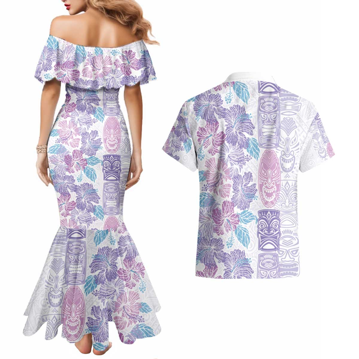 Christmas Aloha Hawaii Tiki Couples Matching Mermaid Dress and Hawaiian Shirt Hibiscus Winter Colors LT7 - Polynesian Pride