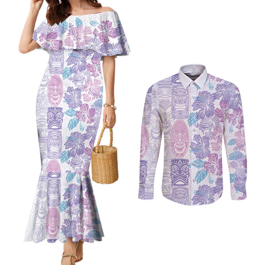 Christmas Aloha Hawaii Tiki Couples Matching Mermaid Dress and Long Sleeve Button Shirt Hibiscus Winter Colors LT7 Lavender - Polynesian Pride