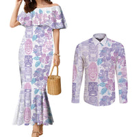 Christmas Aloha Hawaii Tiki Couples Matching Mermaid Dress and Long Sleeve Button Shirt Hibiscus Winter Colors LT7 Lavender - Polynesian Pride