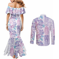 Christmas Aloha Hawaii Tiki Couples Matching Mermaid Dress and Long Sleeve Button Shirt Hibiscus Winter Colors LT7 - Polynesian Pride