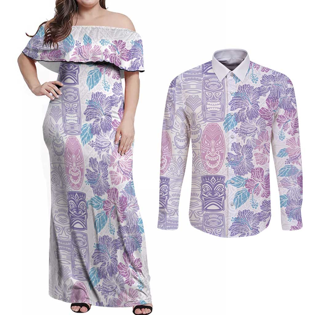 Christmas Aloha Hawaii Tiki Couples Matching Off Shoulder Maxi Dress and Long Sleeve Button Shirt Hibiscus Winter Colors LT7 Lavender - Polynesian Pride