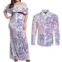 Christmas Aloha Hawaii Tiki Couples Matching Off Shoulder Maxi Dress and Long Sleeve Button Shirt Hibiscus Winter Colors LT7 Lavender - Polynesian Pride