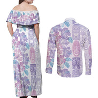 Christmas Aloha Hawaii Tiki Couples Matching Off Shoulder Maxi Dress and Long Sleeve Button Shirt Hibiscus Winter Colors LT7 - Polynesian Pride