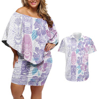 Christmas Aloha Hawaii Tiki Couples Matching Off Shoulder Short Dress and Hawaiian Shirt Hibiscus Winter Colors LT7 Lavender - Polynesian Pride