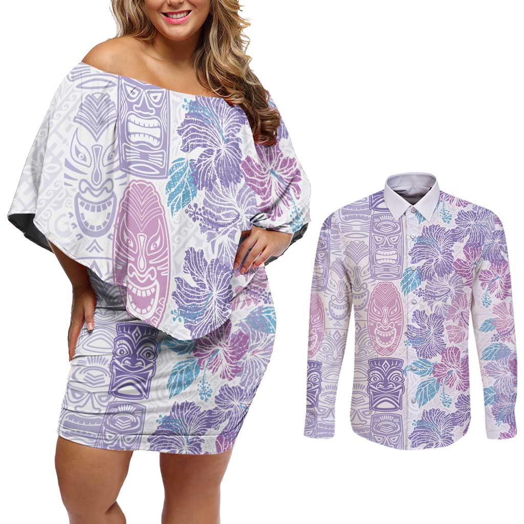 Christmas Aloha Hawaii Tiki Couples Matching Off Shoulder Short Dress and Long Sleeve Button Shirt Hibiscus Winter Colors LT7 Lavender - Polynesian Pride