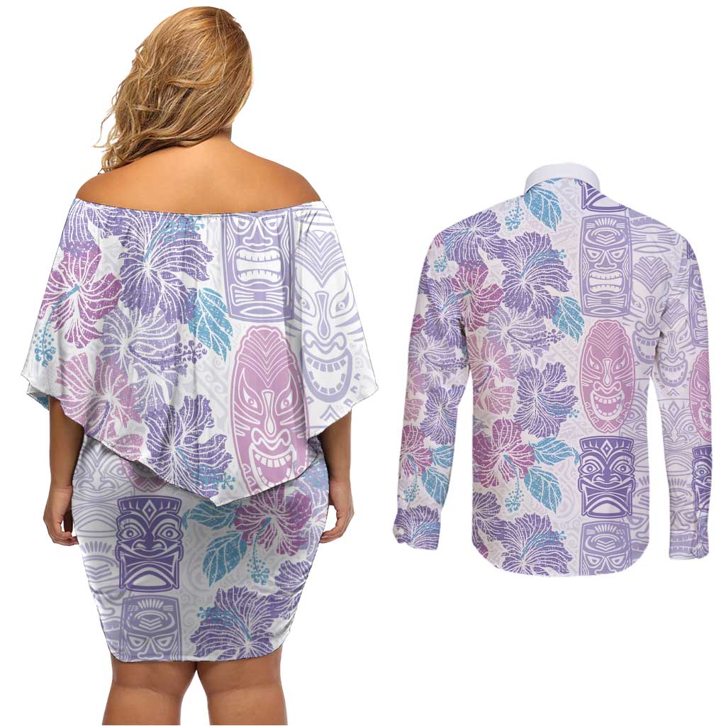 Christmas Aloha Hawaii Tiki Couples Matching Off Shoulder Short Dress and Long Sleeve Button Shirt Hibiscus Winter Colors LT7 - Polynesian Pride