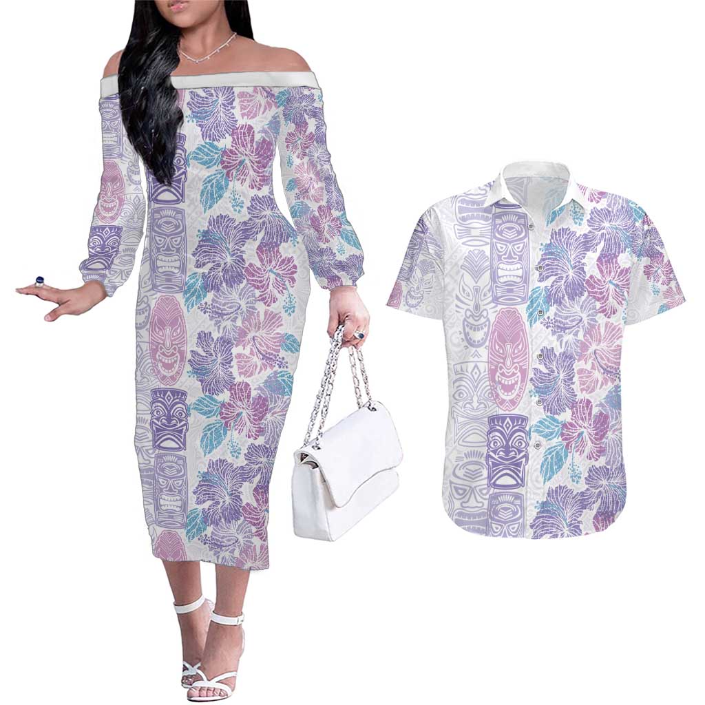 Christmas Aloha Hawaii Tiki Couples Matching Off The Shoulder Long Sleeve Dress and Hawaiian Shirt Hibiscus Winter Colors LT7 Lavender - Polynesian Pride