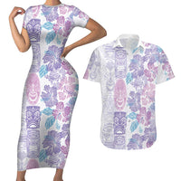 Christmas Aloha Hawaii Tiki Couples Matching Short Sleeve Bodycon Dress and Hawaiian Shirt Hibiscus Winter Colors LT7 Lavender - Polynesian Pride