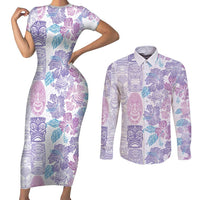 Christmas Aloha Hawaii Tiki Couples Matching Short Sleeve Bodycon Dress and Long Sleeve Button Shirt Hibiscus Winter Colors LT7 Lavender - Polynesian Pride