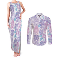Christmas Aloha Hawaii Tiki Couples Matching Tank Maxi Dress and Long Sleeve Button Shirt Hibiscus Winter Colors LT7 Lavender - Polynesian Pride